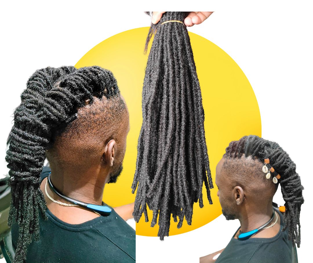 A man with dreadlocks styled in a unique way, with a bundle of dreadlocks shown separately.