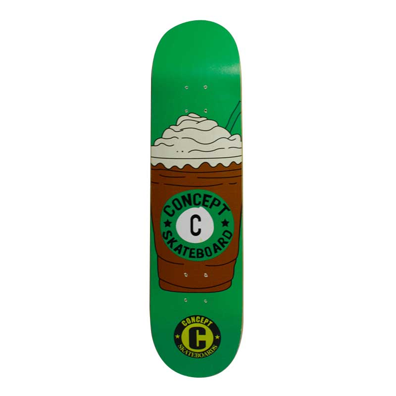 A green skateboard deck with a graphic of a coffee drink and the brand logo.
