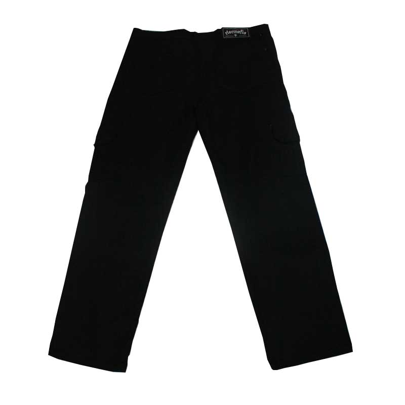 A pair of black cargo pants with a white background.