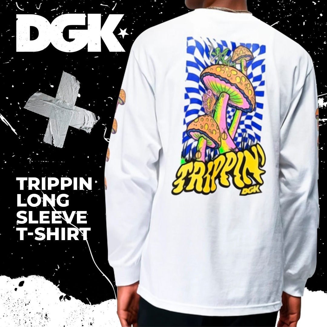 A person wearing a white long-sleeve t-shirt with a psychedelic mushroom graphic and the word 'TRIPPIN'.