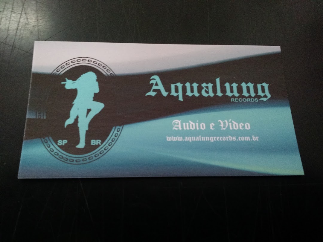 A business card for Aqualung Records, featuring a silhouette and contact information.