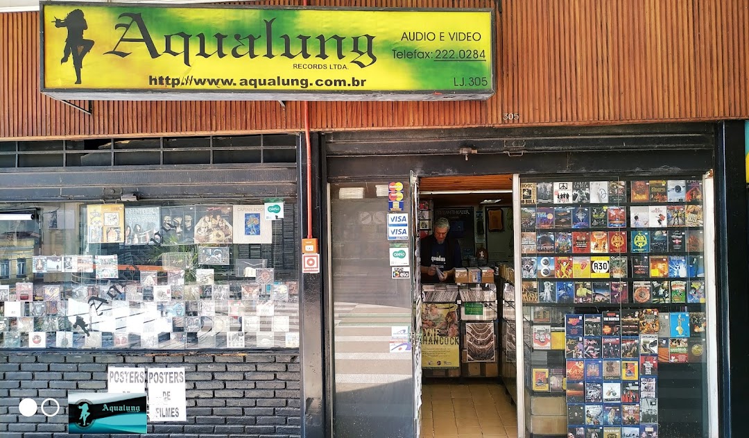 Exterior of Aqualung Records shop with a display of CDs and DVDs in the window.