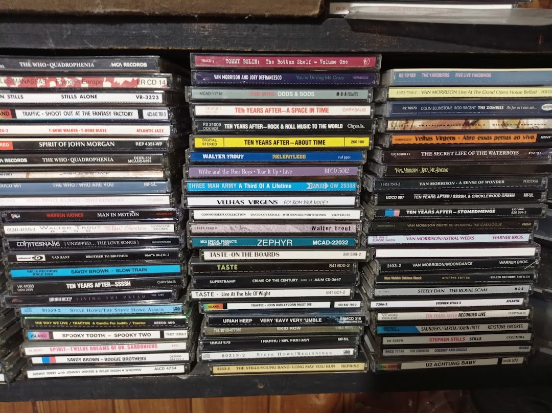 Stacks of music CDs from various artists and genres are neatly organized on shelves.
