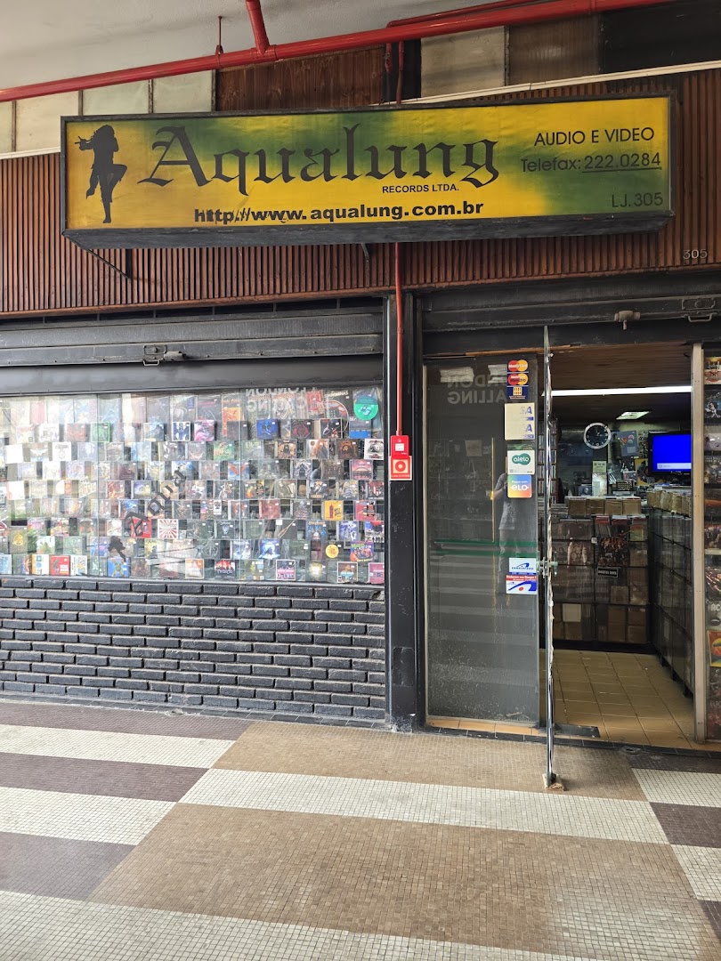 The exterior of Aqualung Records, a shop selling audio and video media, with its sign and entrance visible.