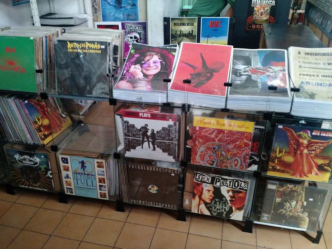 A display of vinyl records from various artists and genres, neatly organized on shelves.