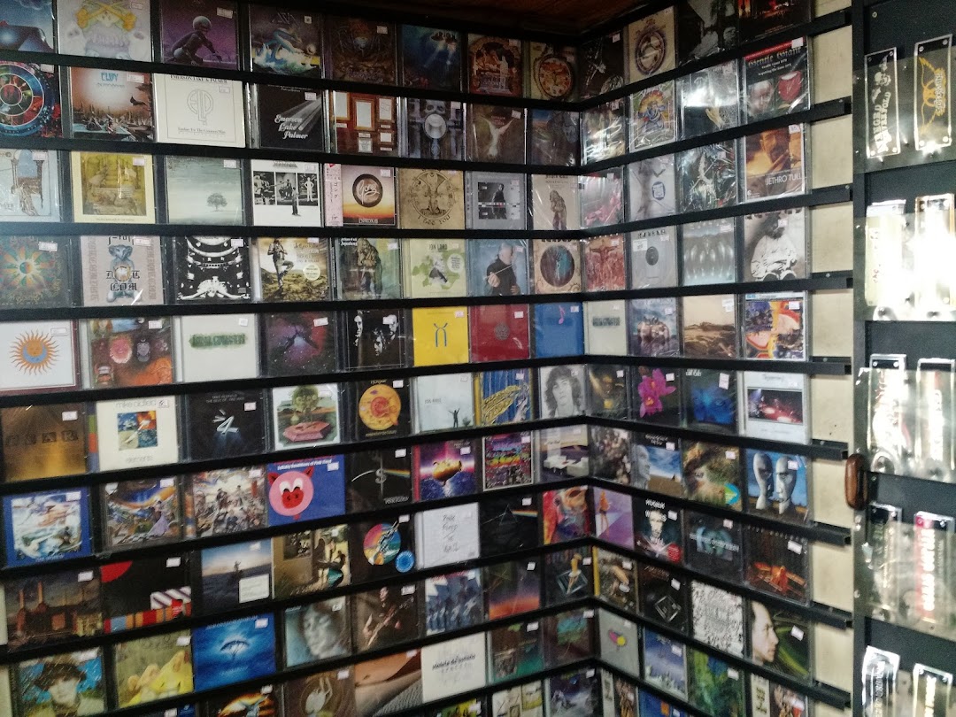 A wall filled with CDs and records, showcasing a vast collection of music albums.