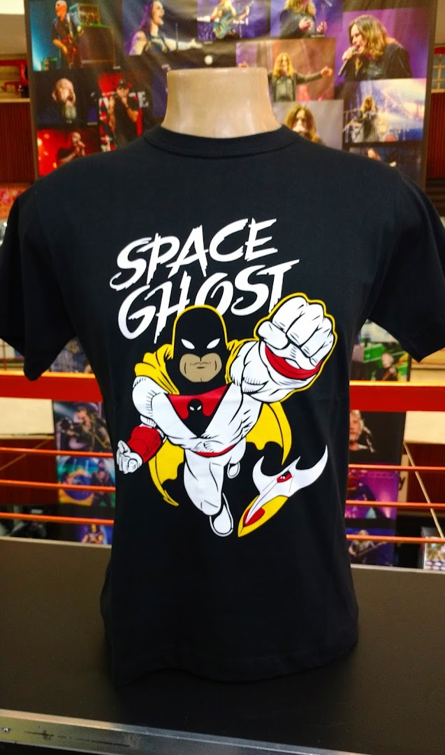 A black t-shirt with a Space Ghost graphic displayed on a mannequin.