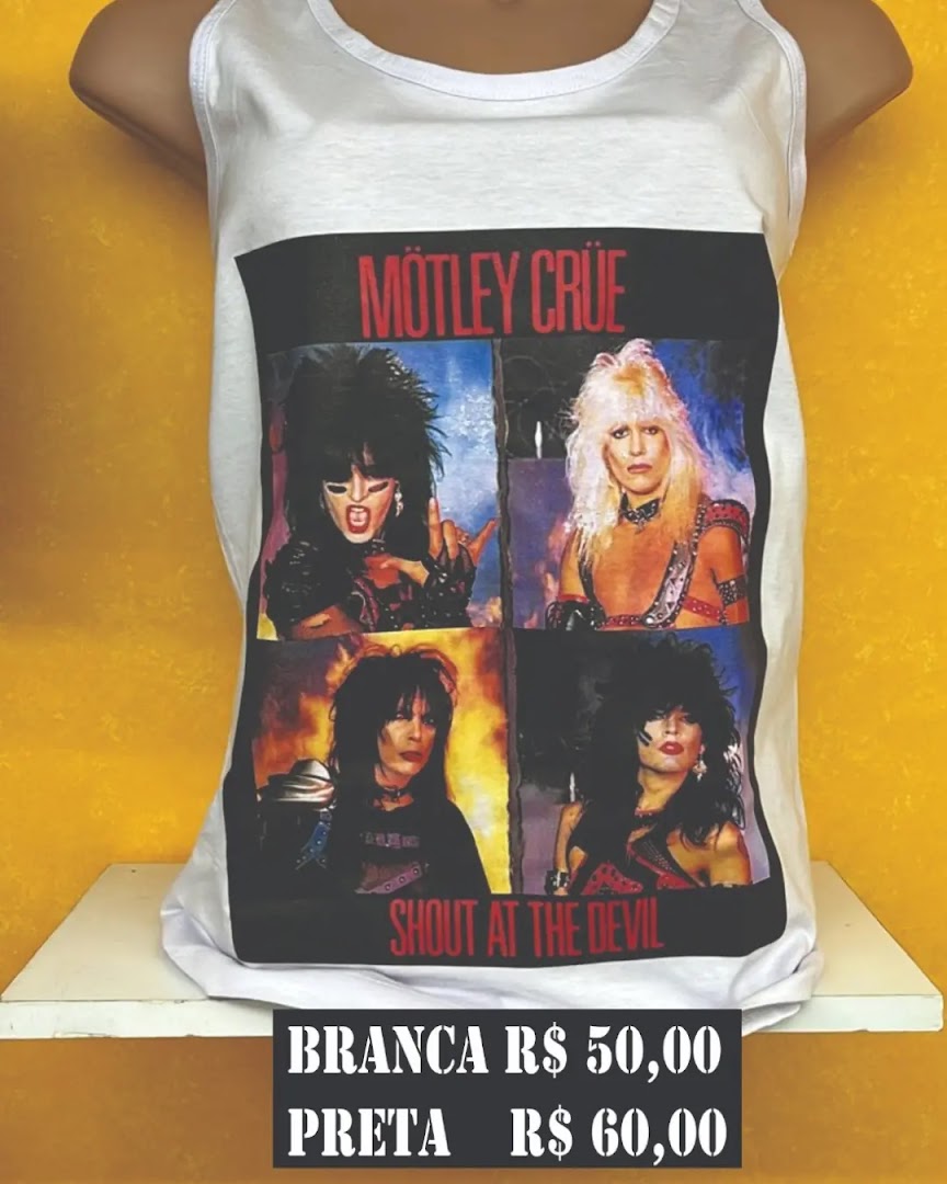 A white tank top featuring a Motley Crue 'Shout at the Devil' album cover graphic.
