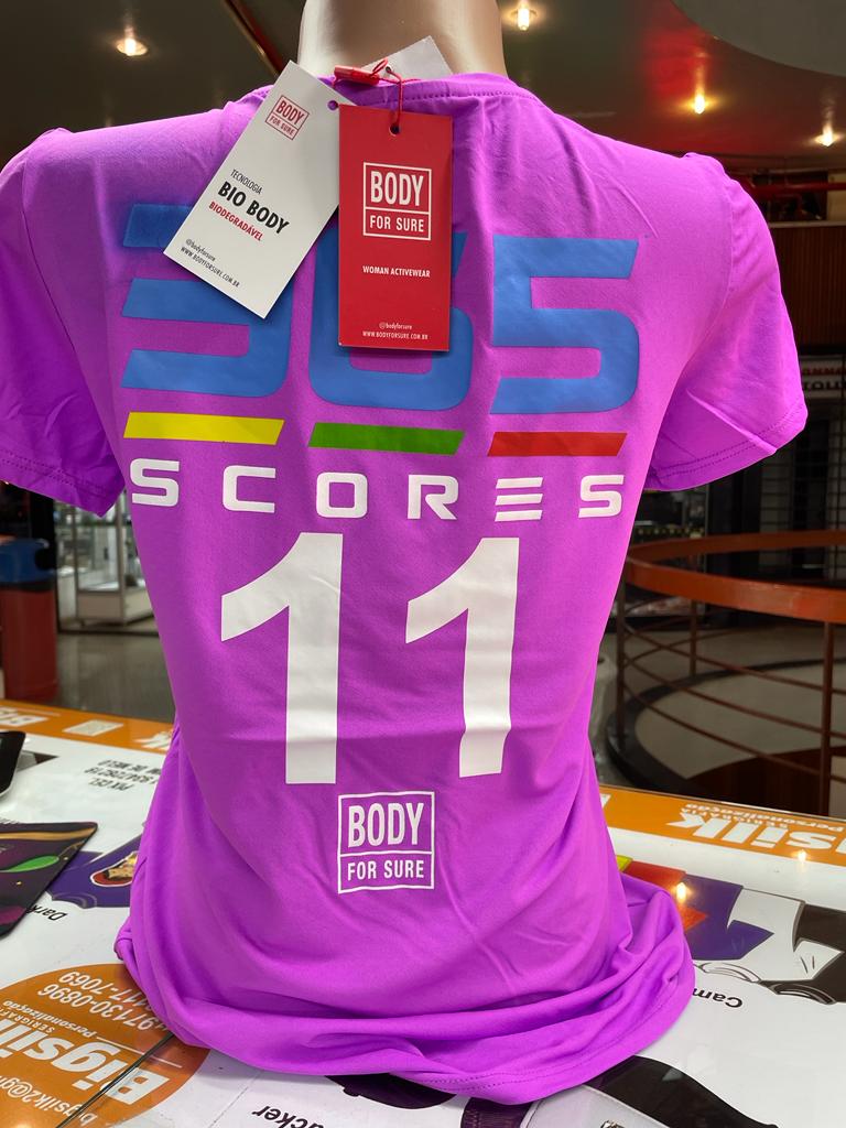A purple t-shirt with large numbers and text '365 SCORES 11' on a mannequin.