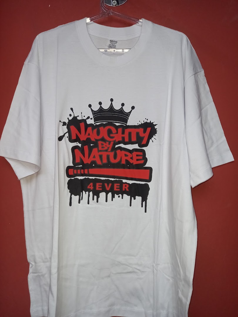 A white t-shirt with a graphic design featuring a crown and bold text.