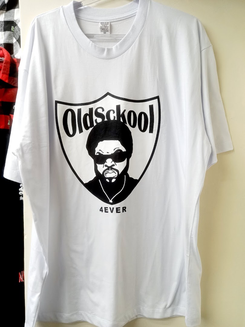 A white t-shirt with a black graphic design featuring the words "OldSchool" and a portrait.