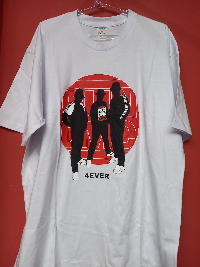 A white t-shirt featuring a graphic of the hip-hop group Run-DMC.