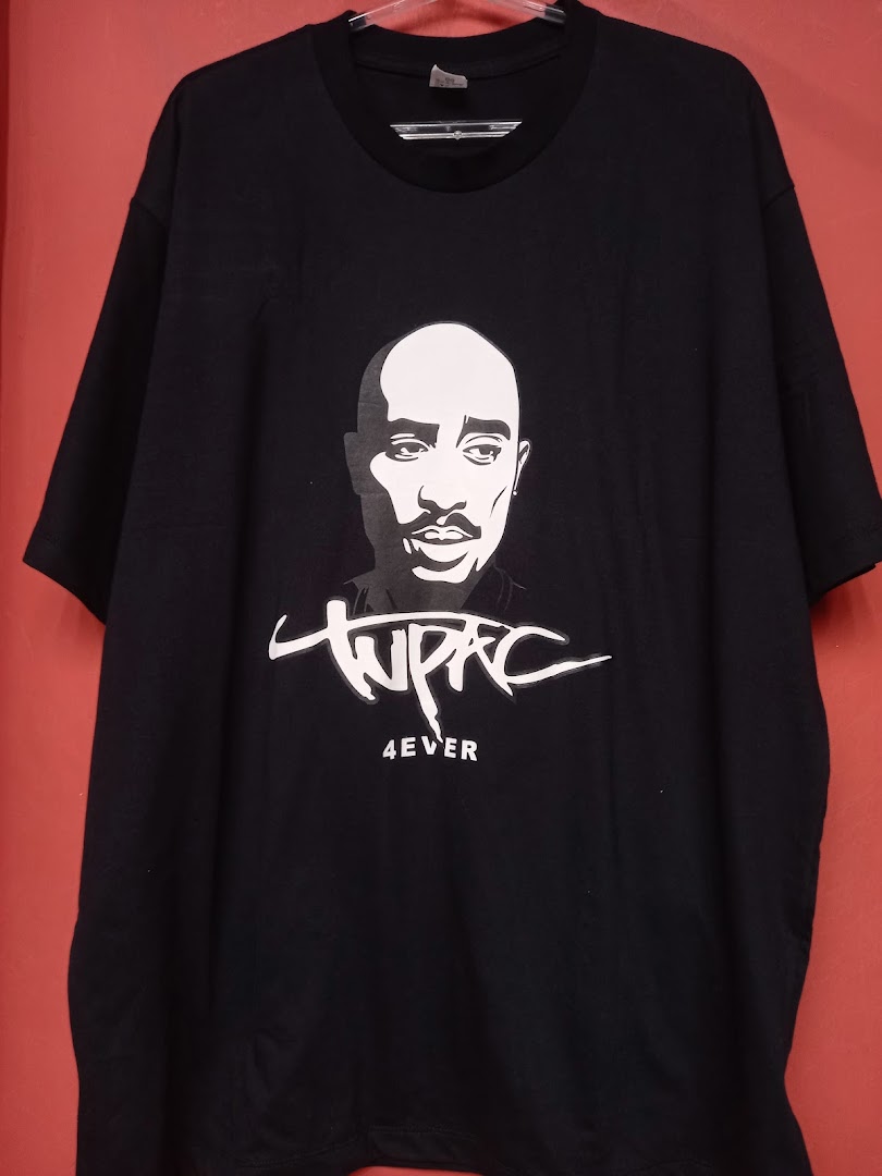 A black t-shirt featuring a graphic of Tupac Shakur and the text 'TUPAC 4EVER'.