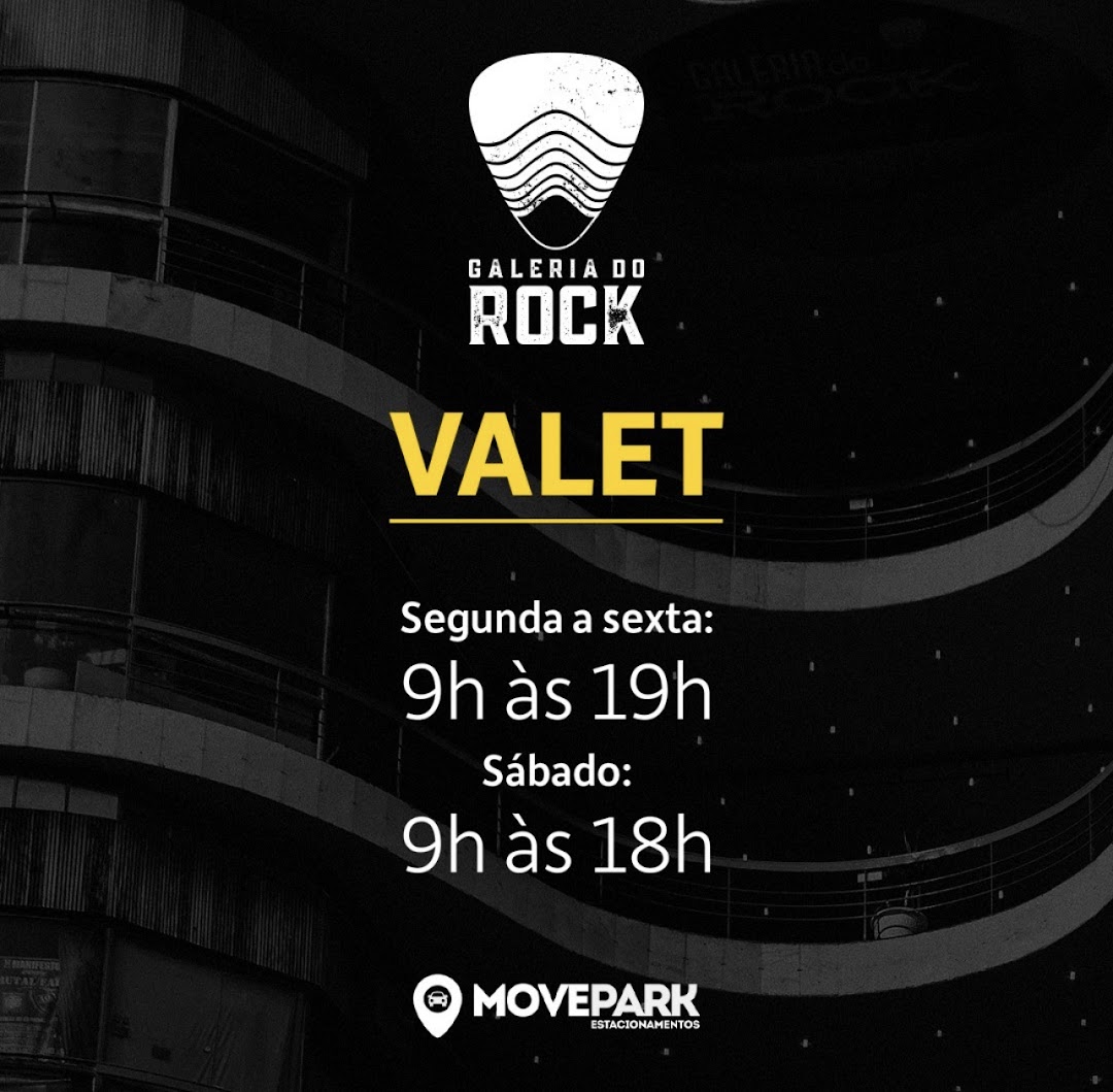 Advertisement for Galeria do Rock Valet parking service with operating hours.