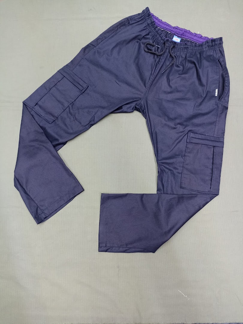 A pair of dark blue cargo pants with a drawstring waist and multiple pockets.