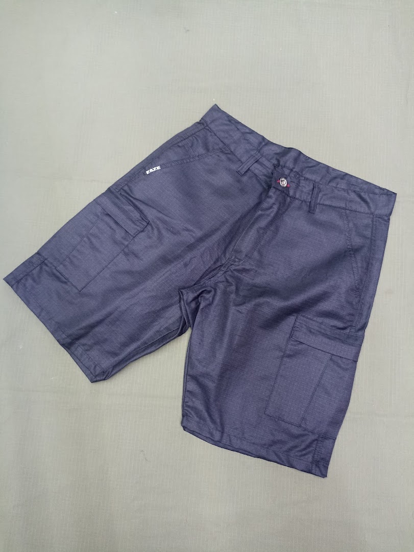 A pair of dark blue cargo shorts with a subtle pinstripe pattern from the brand Esze.