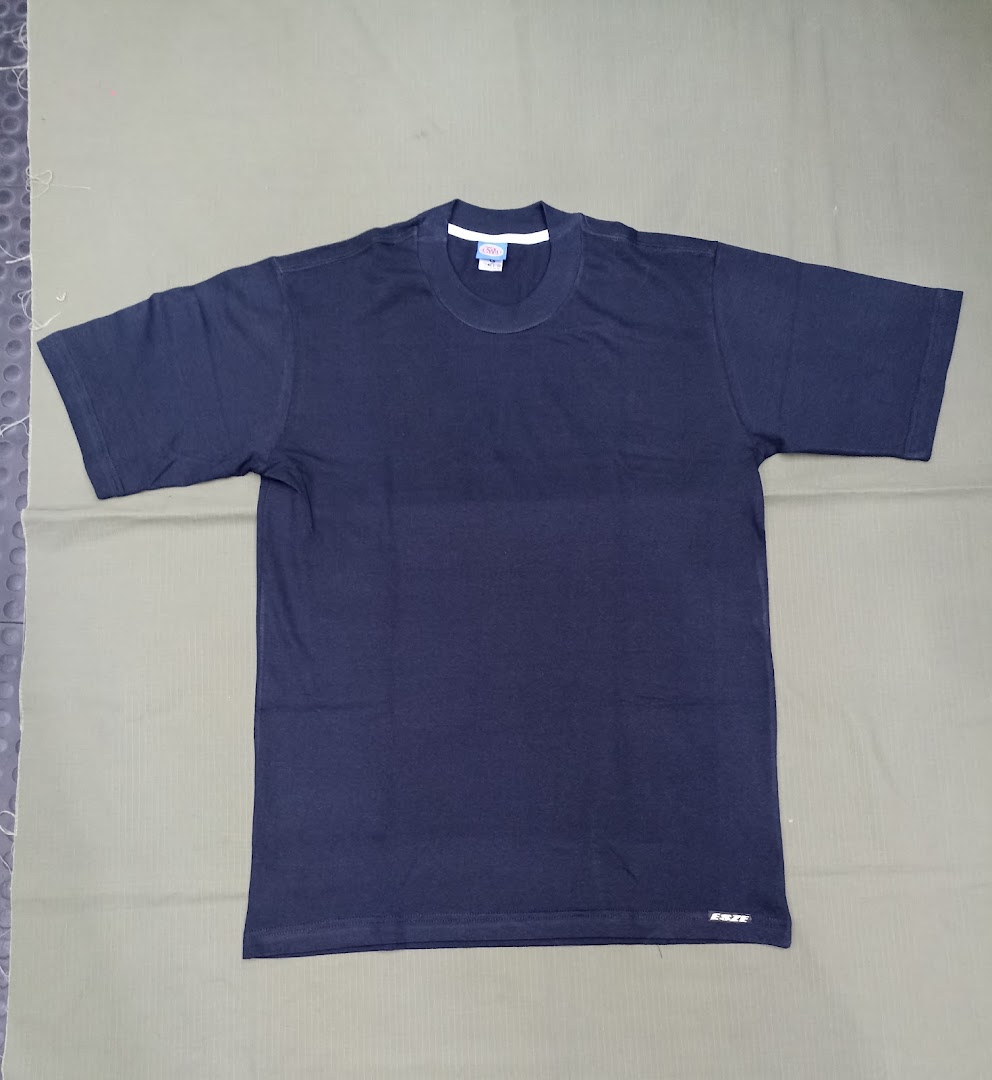 A plain navy blue t-shirt with a white tag inside the collar and a small logo on the hem.