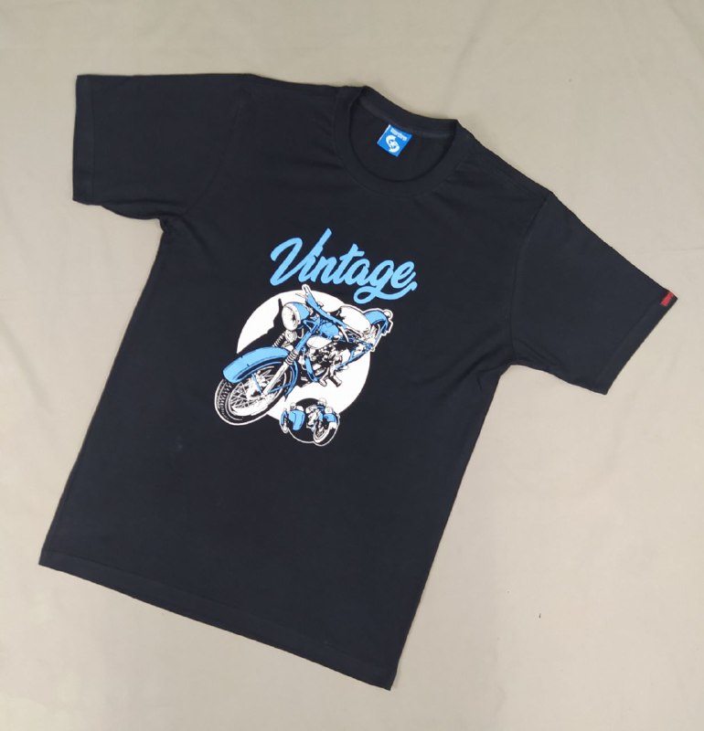 A black t-shirt with a vintage motorcycle graphic and the word 'Vintage' printed on it.