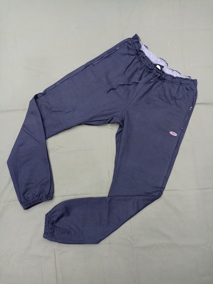 A pair of dark blue sweatpants with a drawstring and zippered pockets.