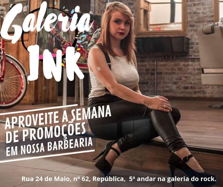 A woman poses in a barbershop with "Galeria INK" branding and promotional text.