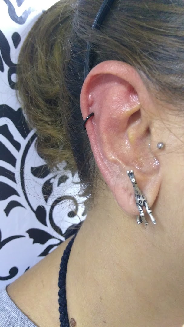 Close-up of a person's ear with a new piercing and a decorative earring.