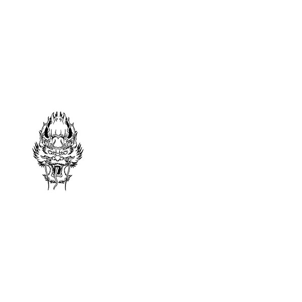 A black and white illustration of a fierce dragon head with its mouth open.