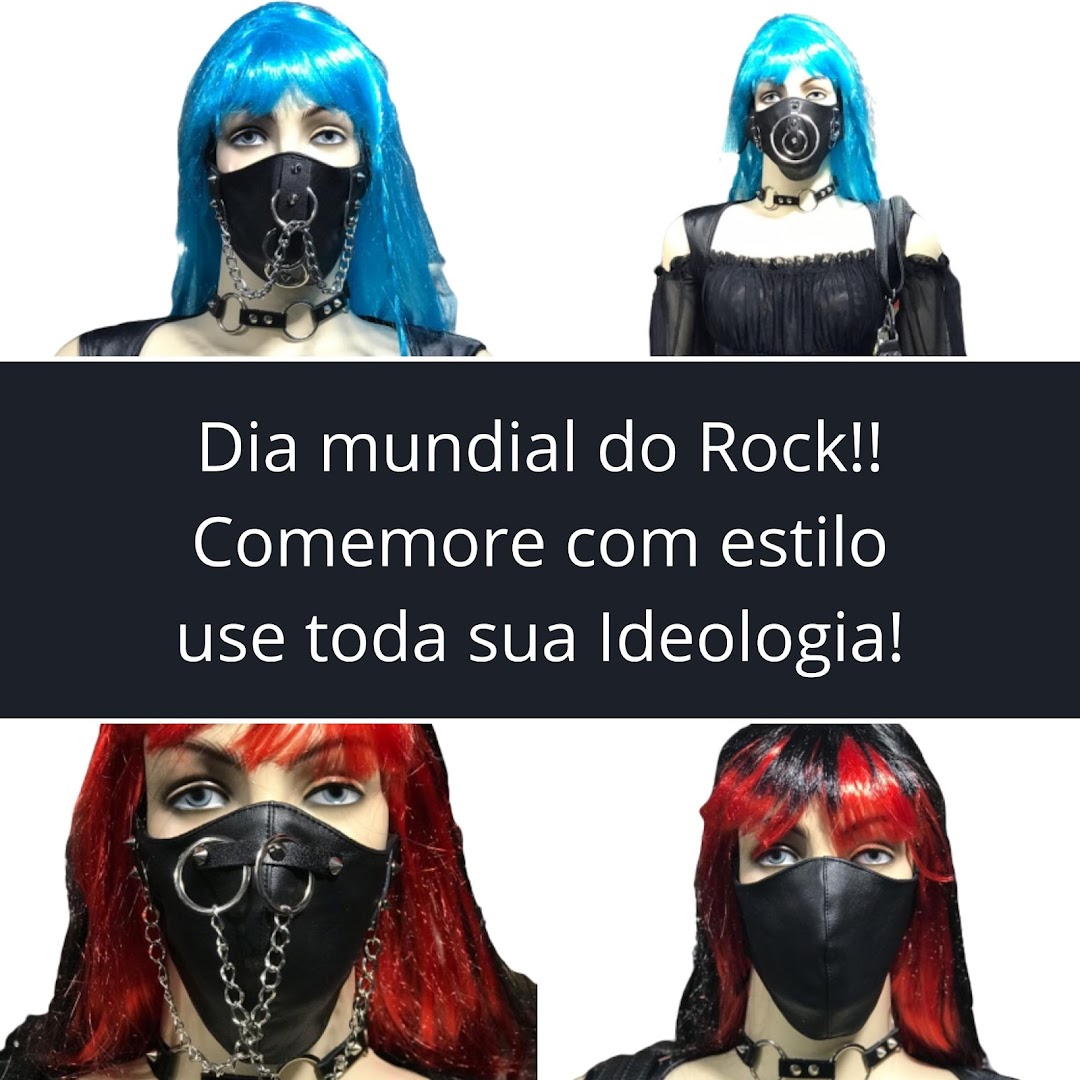 Mannequins display stylish rock-themed masks with chains and rings.