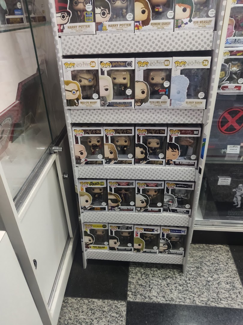 A display rack filled with various Funko Pop vinyl figures, primarily from Harry Potter.