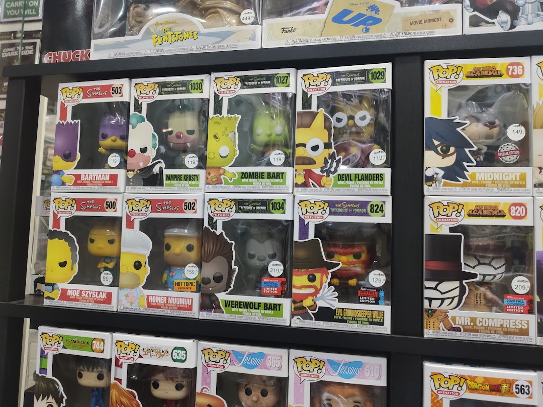 A shelf filled with various Funko Pop vinyl figures from popular franchises like The Simpsons and My Hero Academia.
