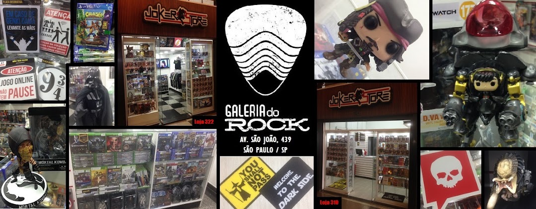 A collage of images featuring pop culture merchandise, game cases, and store fronts.