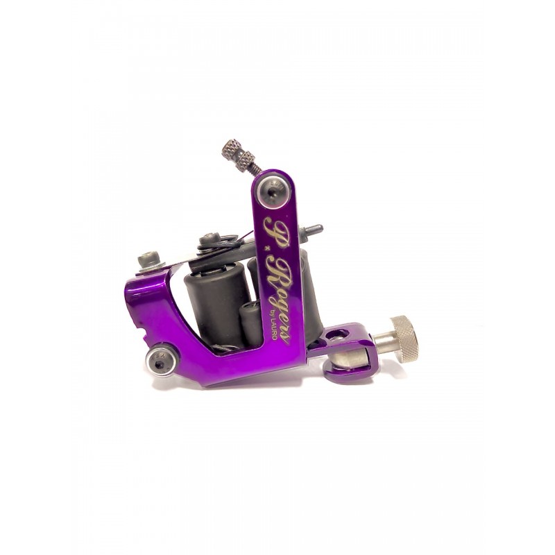 A purple tattoo machine with 'P. Rogers by Lauro' branding on a white background.