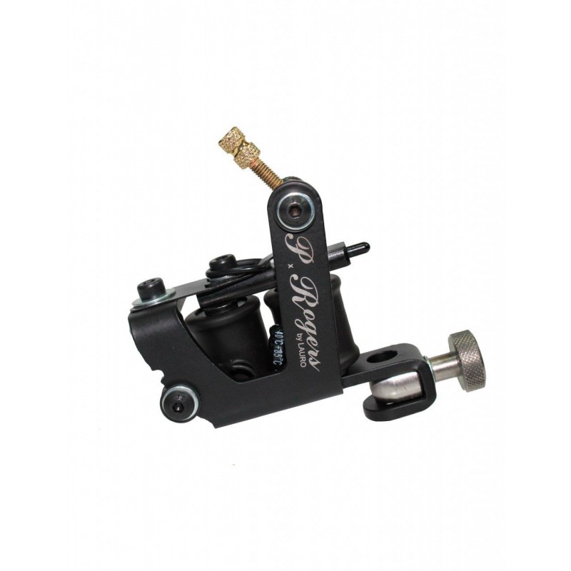A black tattoo machine with 'P. Rogers by Lauro' branding on a white background.