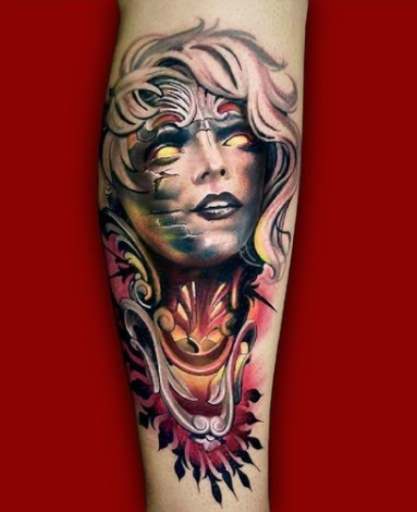 A highly detailed tattoo of a woman's face with glowing eyes and ornate mechanical elements.