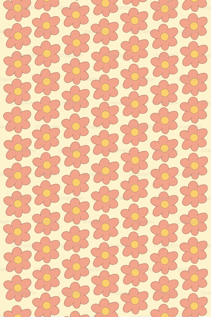 A repeating pattern of stylized pink flowers with yellow centers on a pale yellow background.