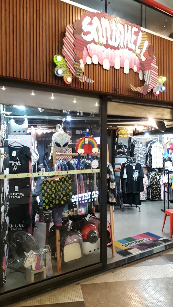 A retail shop window displaying a variety of quirky clothing and accessories.