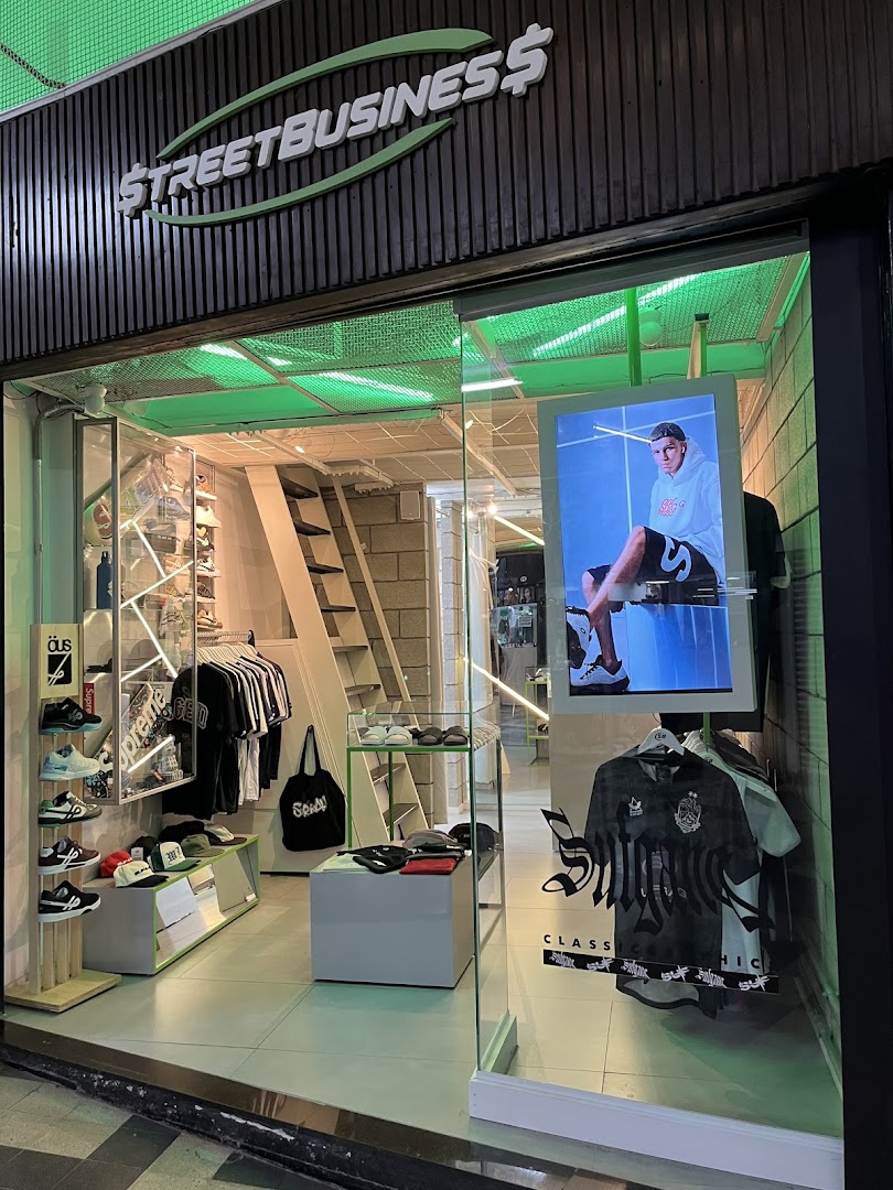 Street Business shop front displaying streetwear, sneakers, and accessories.