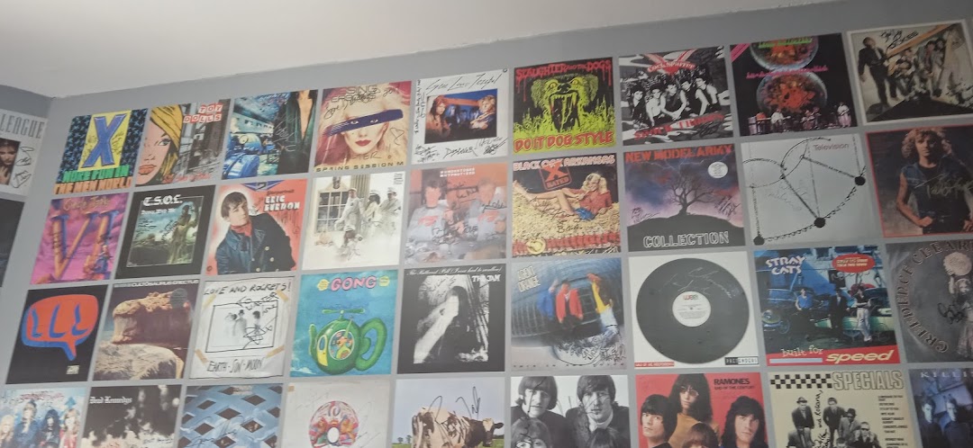 A wall covered with framed vinyl record album covers, many signed by artists.