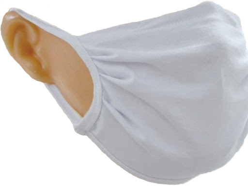 A white fabric mask is shown on a mannequin head, covering the nose and mouth.