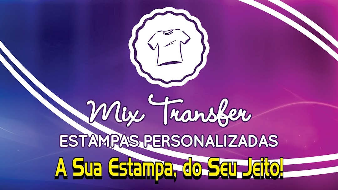 A graphic with the shop name 'Mix Transfer' and slogan about custom prints.
