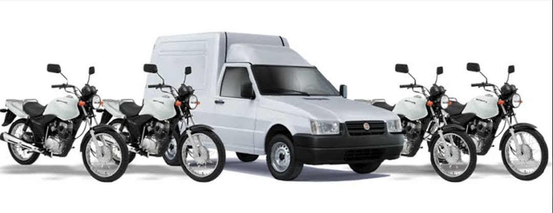 A white delivery van is flanked by four white motorcycles on a white background.