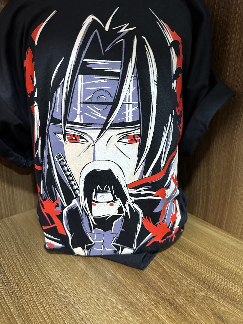 A black t-shirt with a graphic print of the anime character Itachi Uchiha.