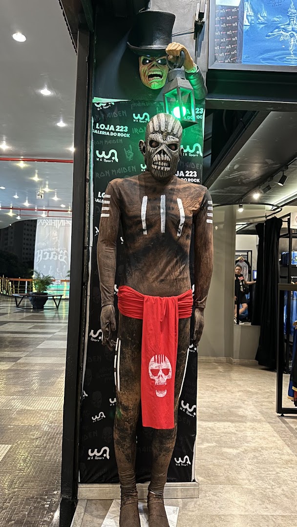 Mannequin dressed as Eddie from Iron Maiden outside a rock merchandise shop.