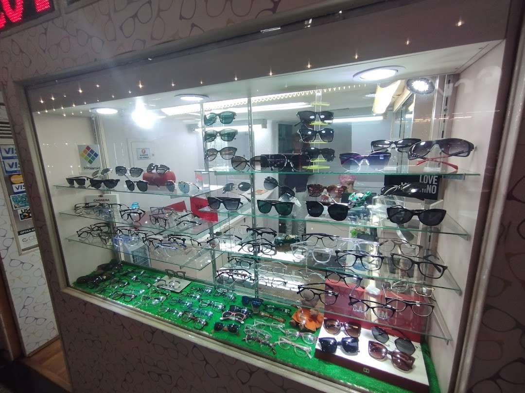 A well-lit display case filled with a wide variety of sunglasses and eyeglasses.