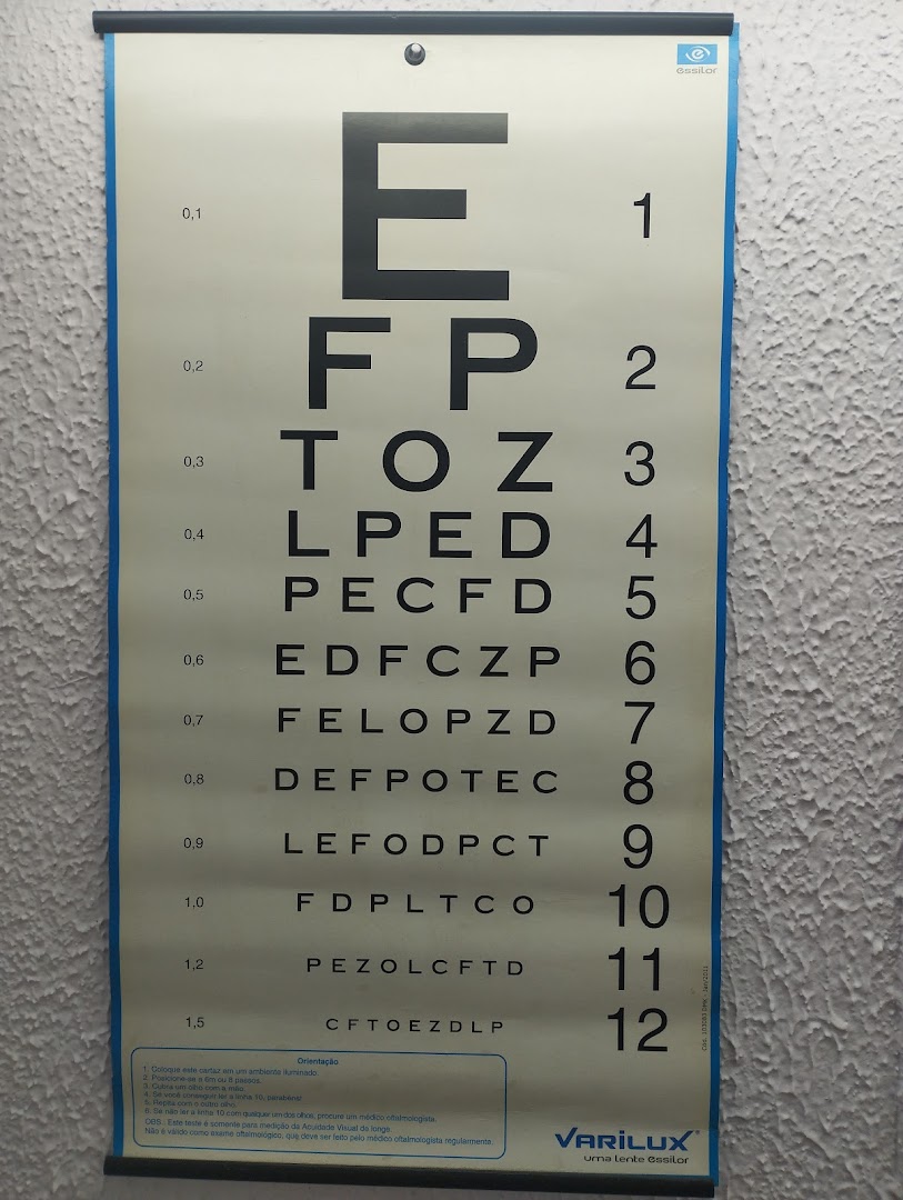A vision chart with letters and numbers for eye exams, branded with Essilor and Varilux.