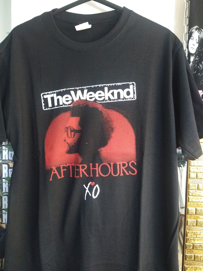A black t-shirt with a graphic print of The Weeknd's After Hours album cover.
