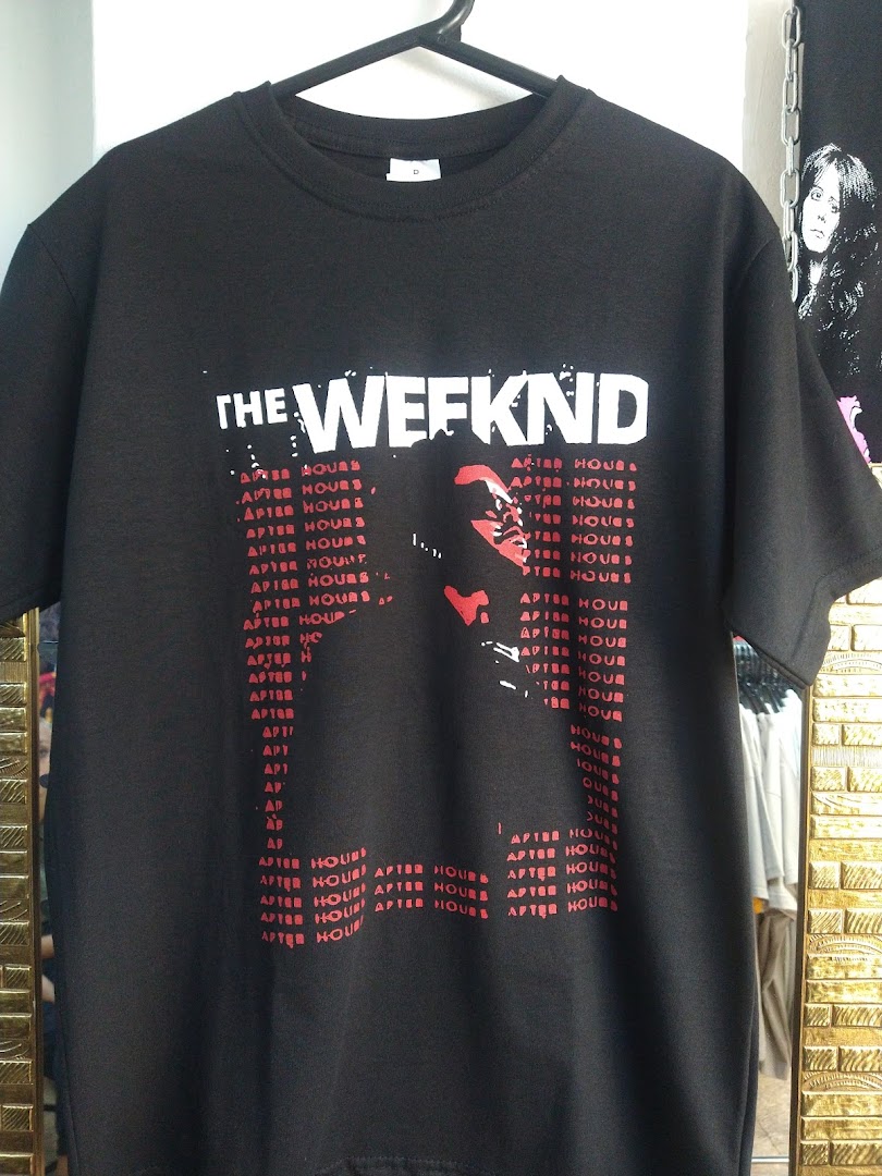 A black t-shirt with a graphic print of 'The Weeknd' and 'After Hours' album art.