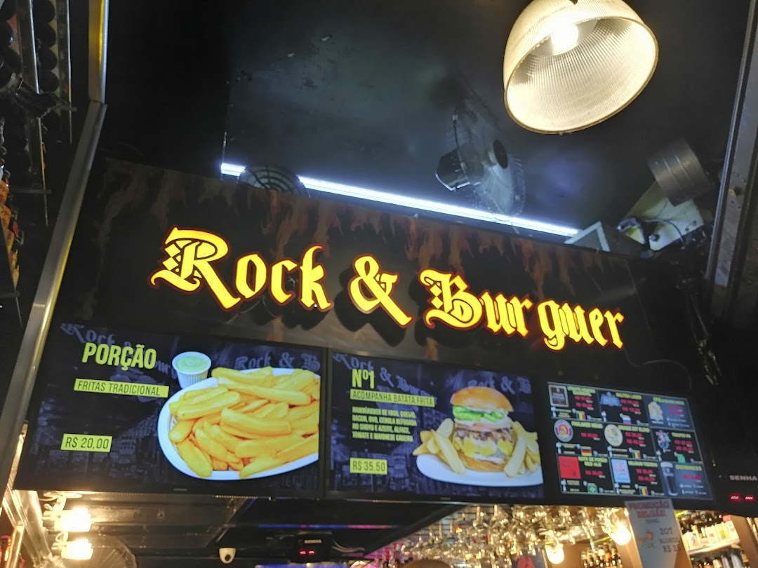 A sign for Rock & Burguer featuring a large burger and fries, and a portion of fries.