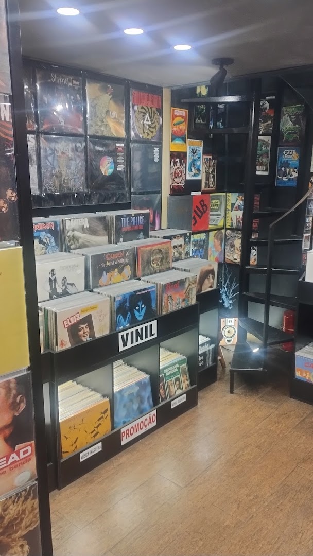 Interior view of a record store showcasing vinyl albums and band posters.