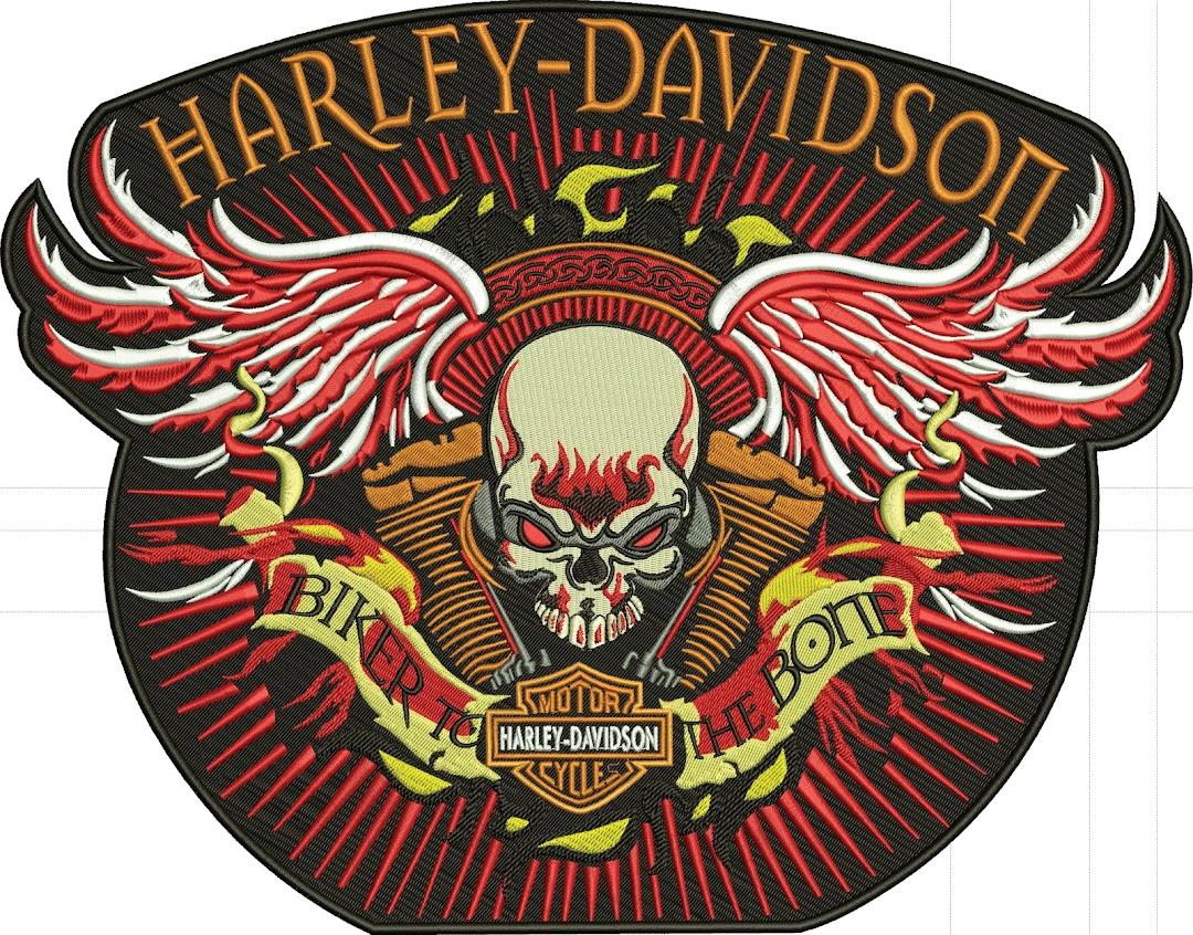 Embroidered patch with Harley-Davidson logo, skull, wings, and biker theme.