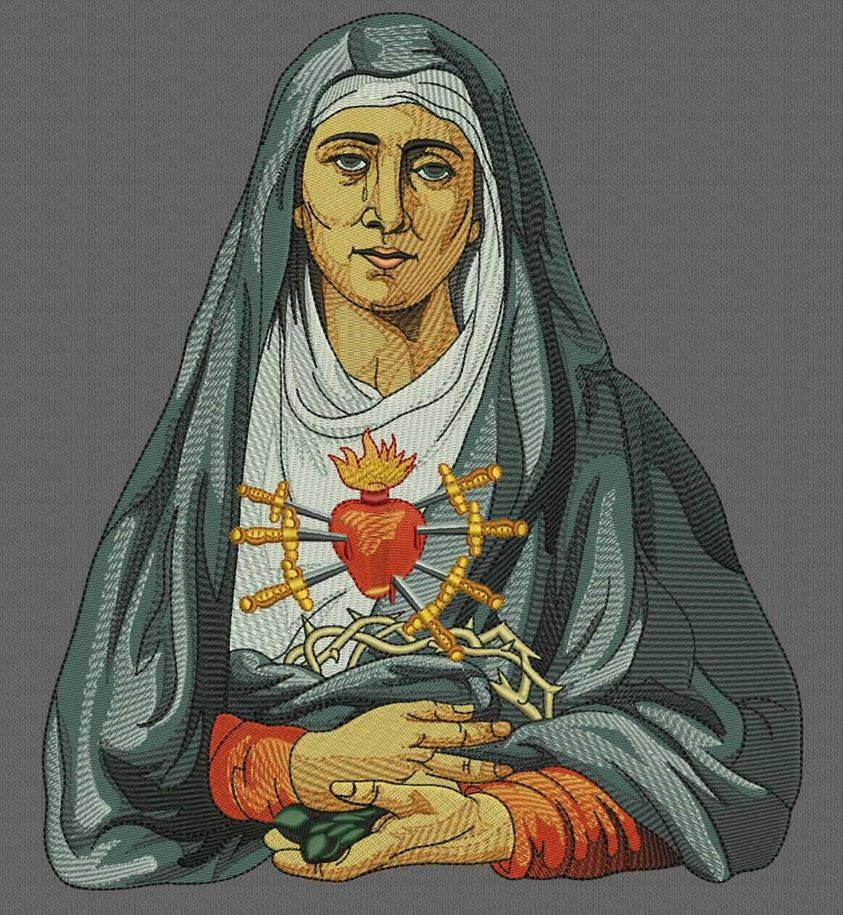 An embroidered depiction of a religious figure with a heart pierced by swords and a crown of thorns.